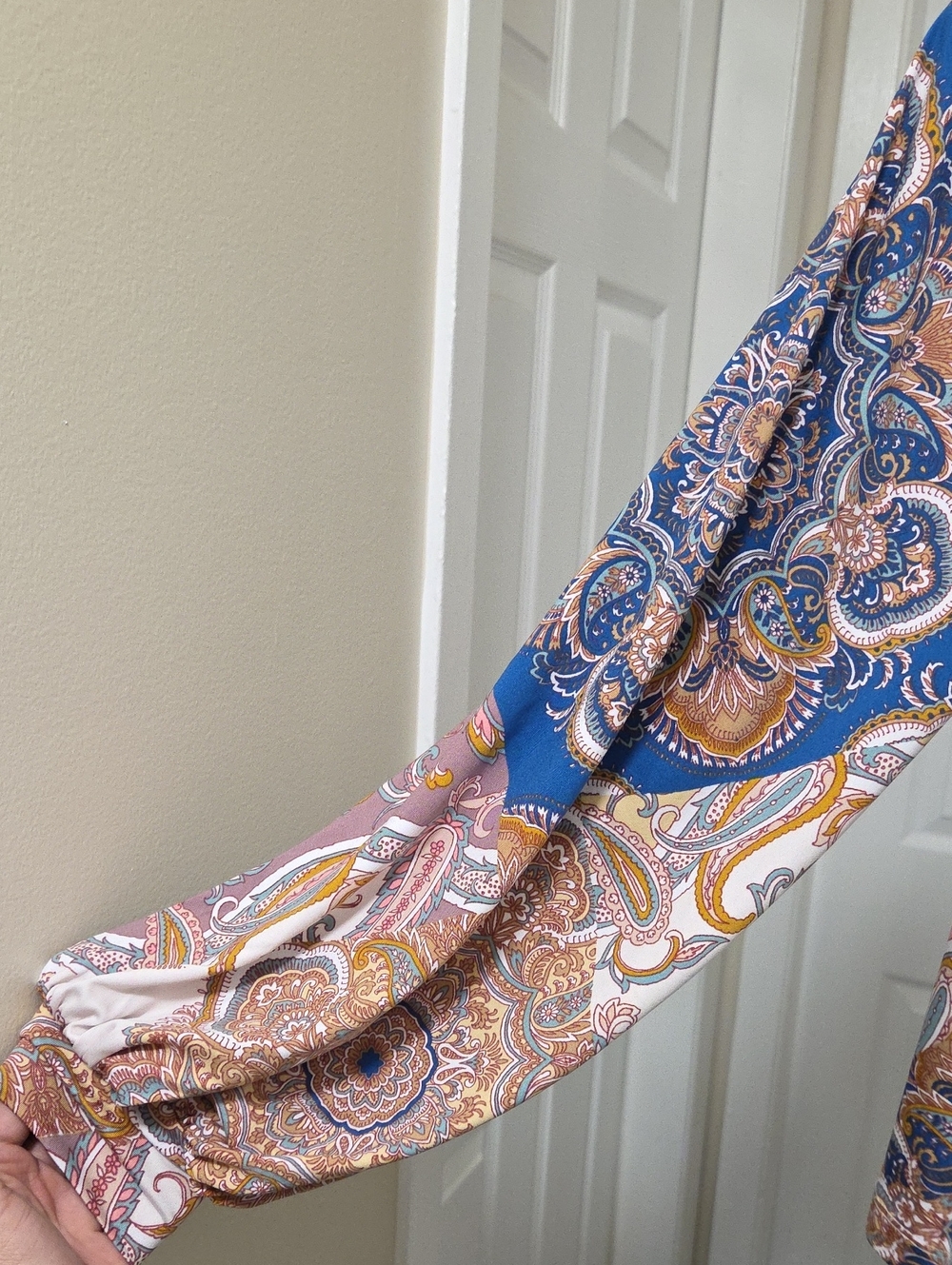 VENUS Paisley Smocked Peplum Blouse Blue Pink Gold Boho Cottagecore Romantic Top - Picture 5 of 9